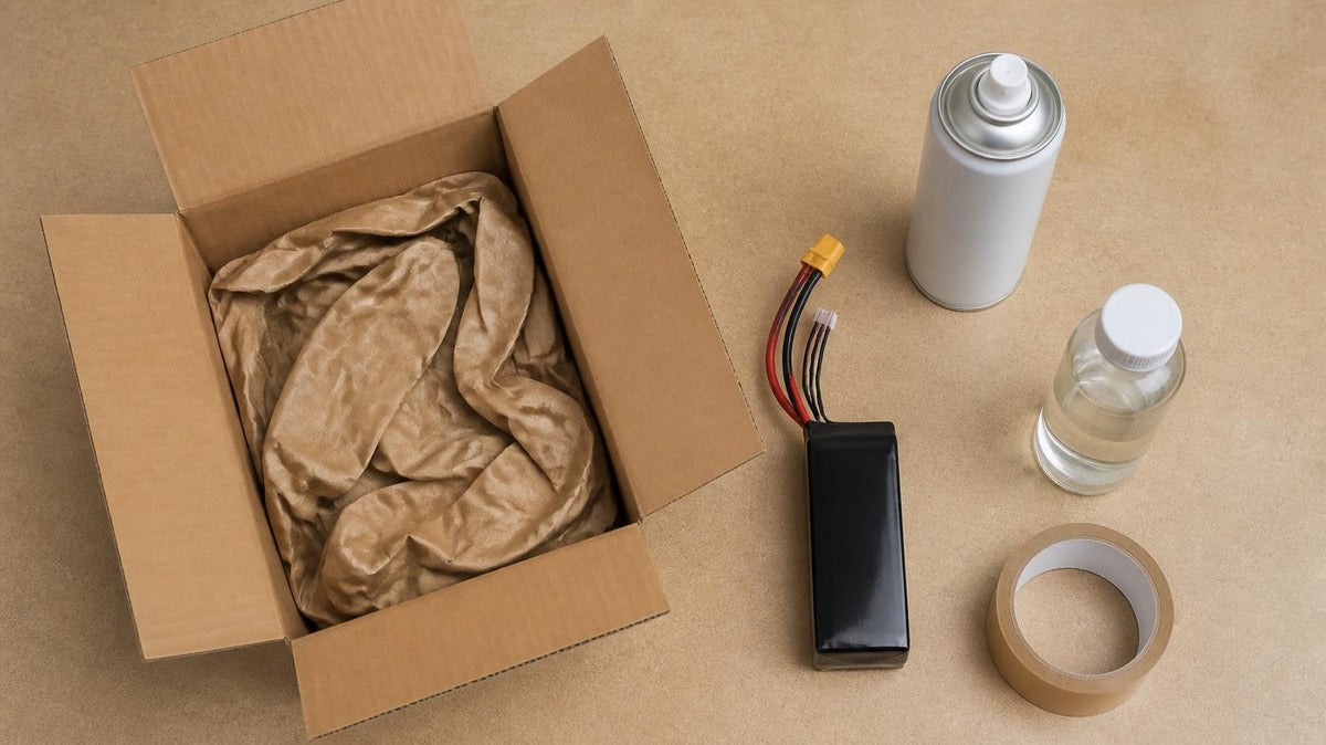 Open shipping box on a packing bench with a LiPo battery, an aerosol can and a bottle of thinner set to one side