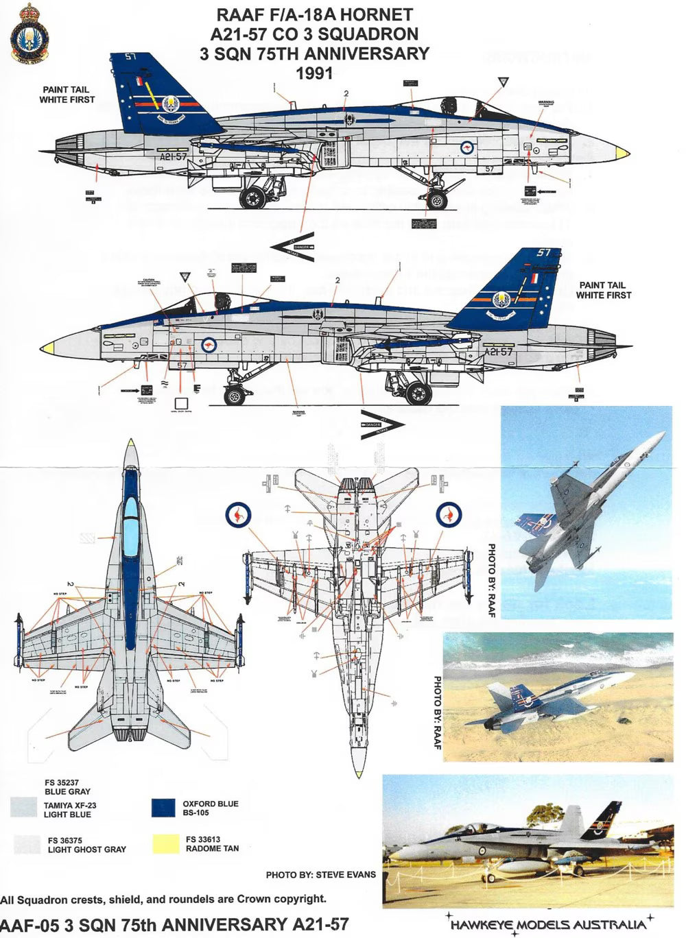 RAAF F/A-18A Hornet, A21-57, 3 Sqn. 75th Anniversary, 1991 (Decal)
