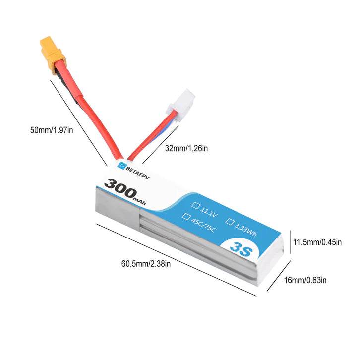 300mAh 3S 45C Lipo Battery S-Version (2PCS) - Rising Sun FPV