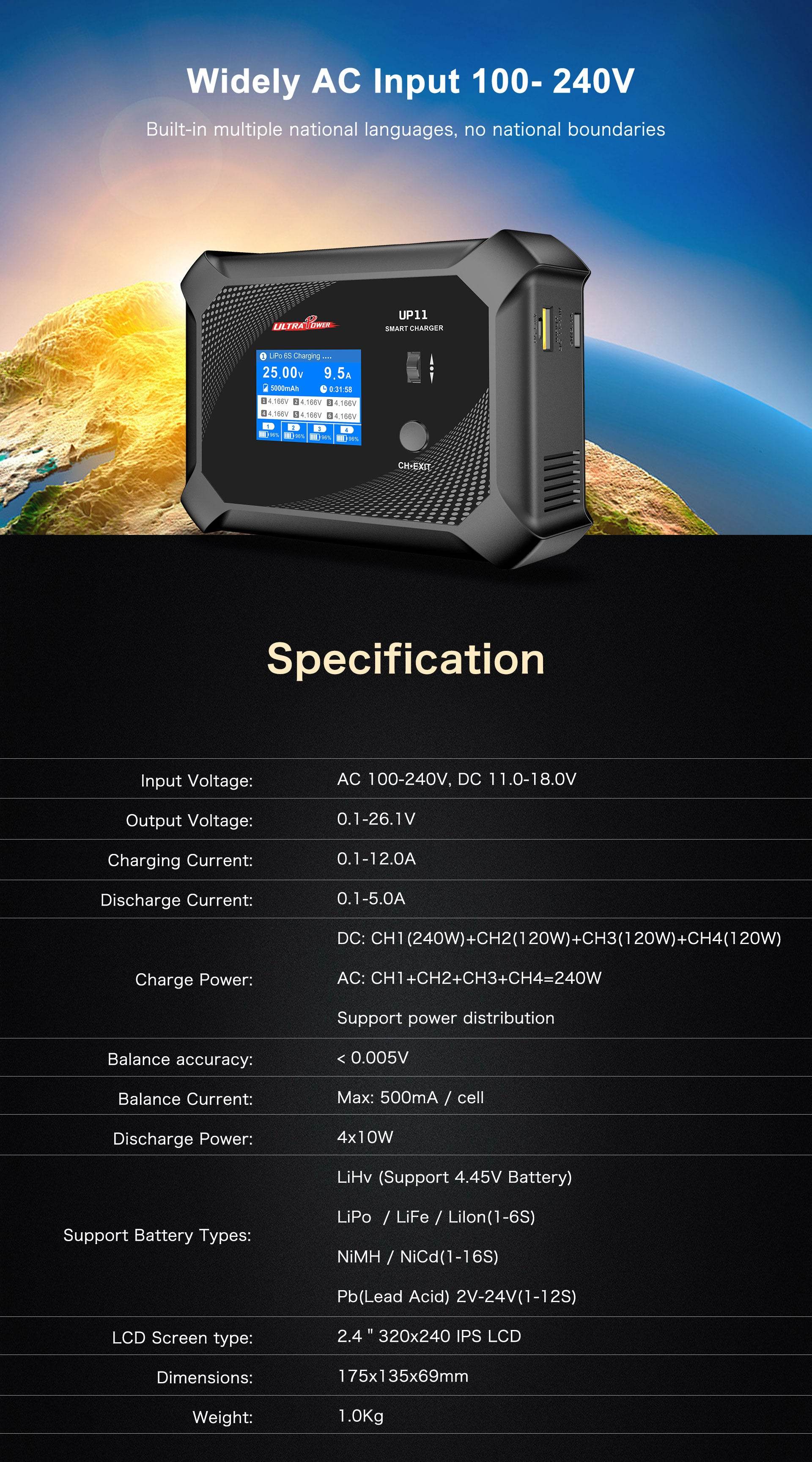 Ultra Power 11 4x60w Quad Output AC/DC Charger - Rising Sun FPV