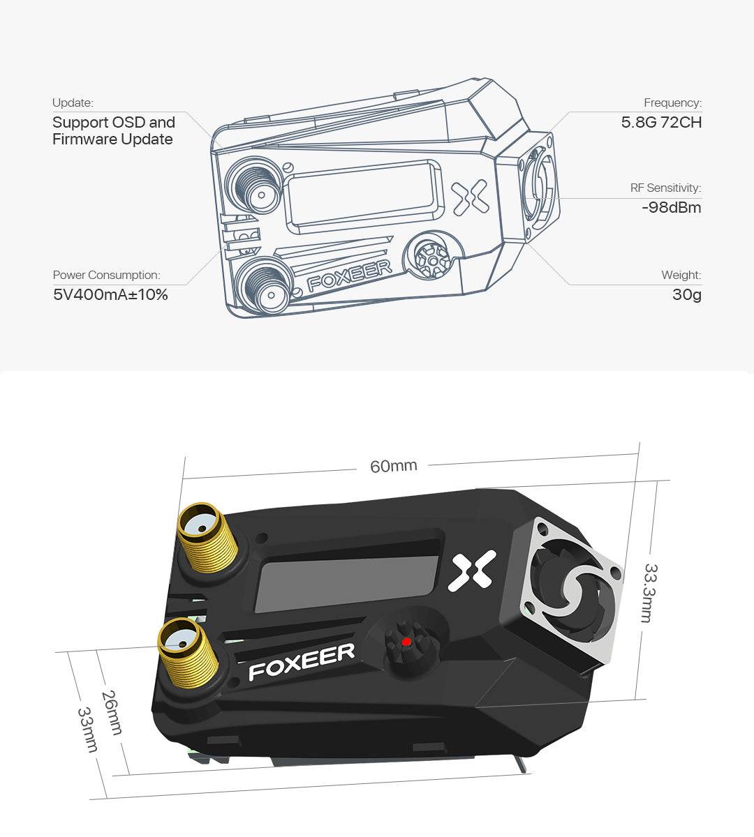 Foxeer Wildfire 5.8GHz 72CH Dual Receiver Support OSD Firmware Update for Fatshark FPV Goggles - Rising Sun FPV
