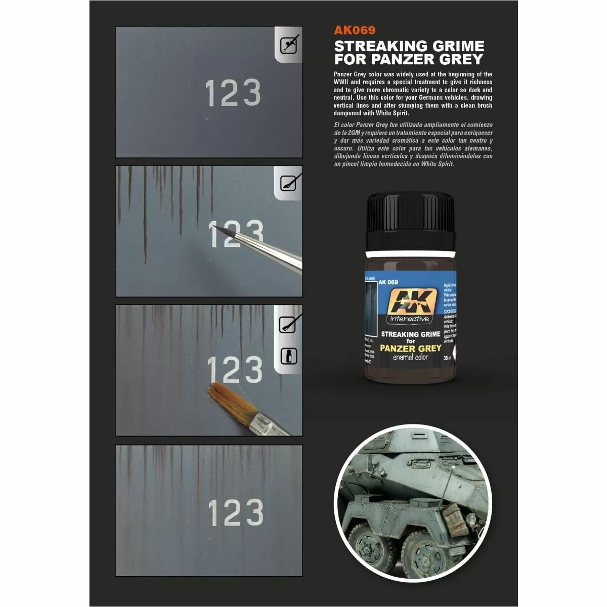 AK Interactive - Weathering Products - Streaking Grime for Panzer Grey Vehicles 35ml