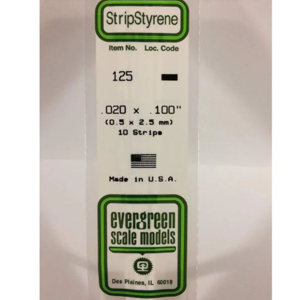 Evergreen 125 Styrene Strip .020 x .100 in (10 Pack)