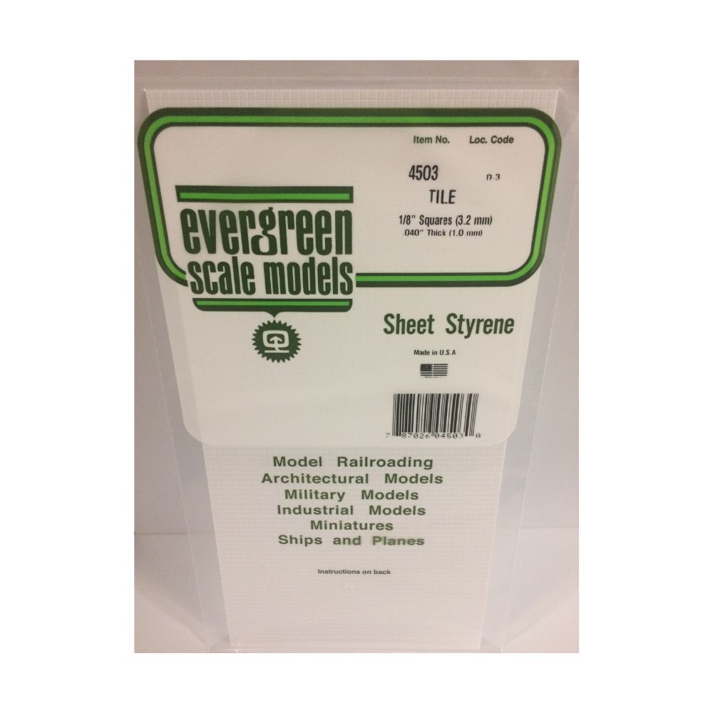 Evergreen 14503 Styrene Square Tile Sheet, 1/8 in Squares, 12 x 24 in