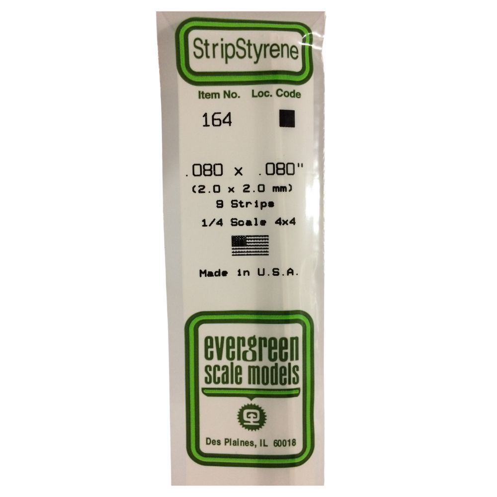 Evergreen 164 Styrene Strip .080 x .080 in (9 Pack)