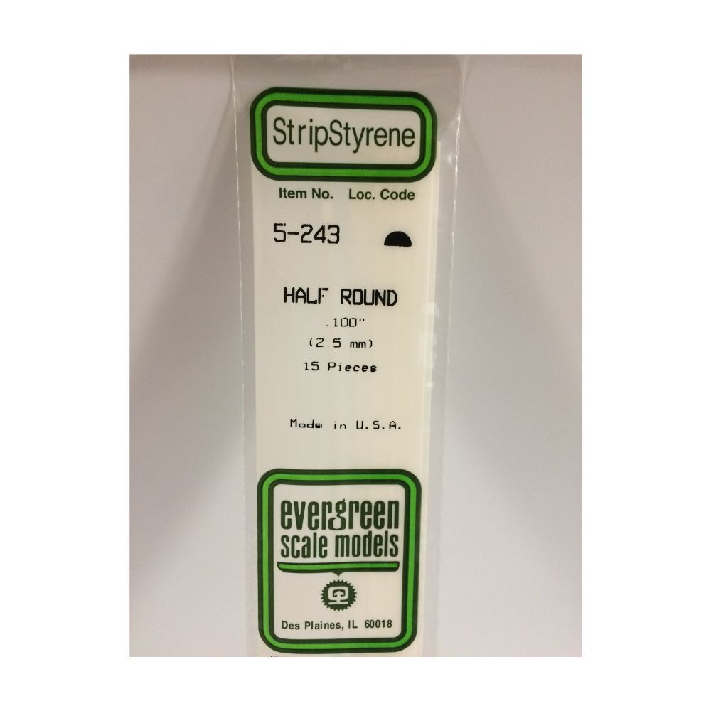 Evergreen 243 Styrene Half Round .100 in (2.5 mm) (3 Pack)