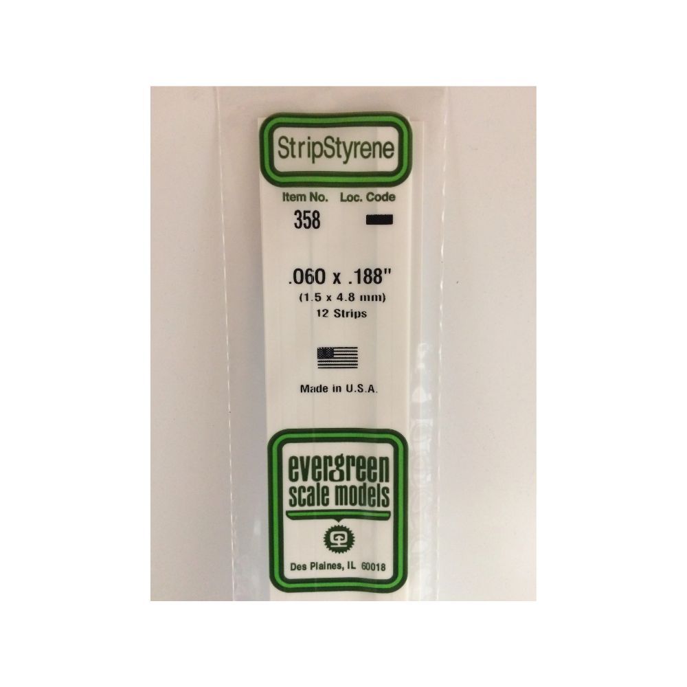 Evergreen 358 Styrene Strip .060 x .188 x 24 in (12 Pack)