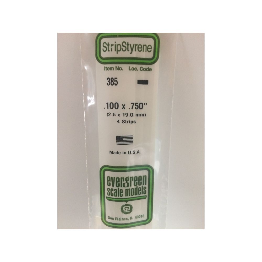Evergreen 385 Styrene Strip .100 x .750 x 24 in (4 Pack)