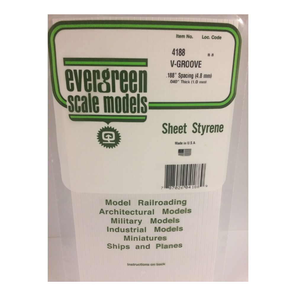 Evergreen 4188 Styrene V-Groove Siding, .188 in Spacing, 6 x 12 in