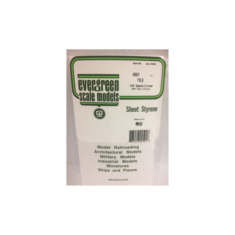 Evergreen 4501 Styrene Square Tile Sheet, 1/16 in Squares, 6 x 12 in