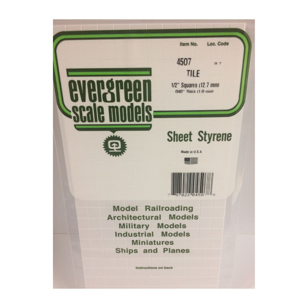 Evergreen 4507 Styrene Square Tile Sheet, 1/2 in Squares, 6 x 12 in