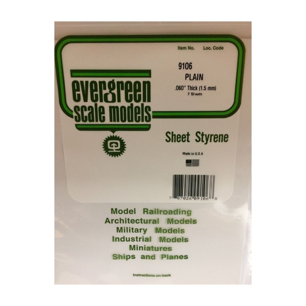 Evergreen 9106 White Styrene Sheet 8 x 21 in, .060 in Thick (2 Pack)