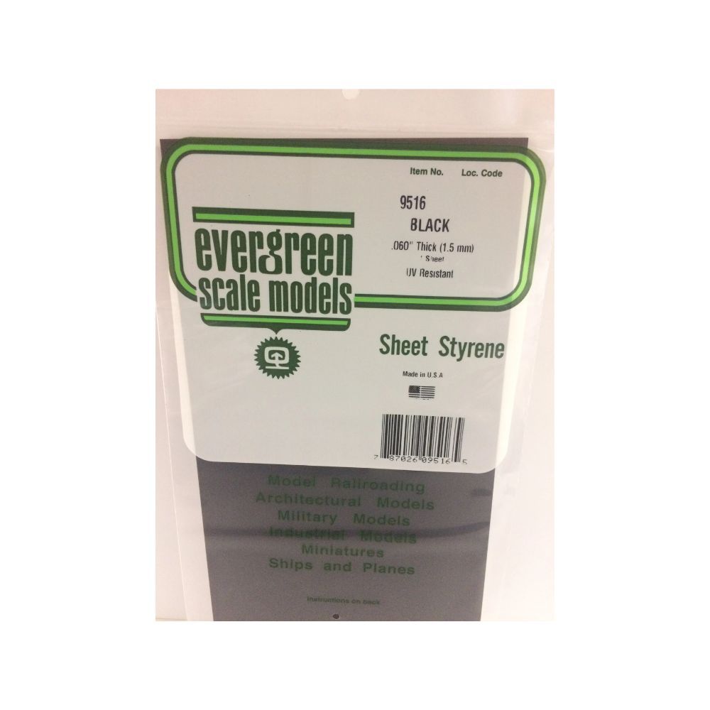 Evergreen 9516 Black Styrene Sheet 6 x 12 in, 1.5 mm Thick