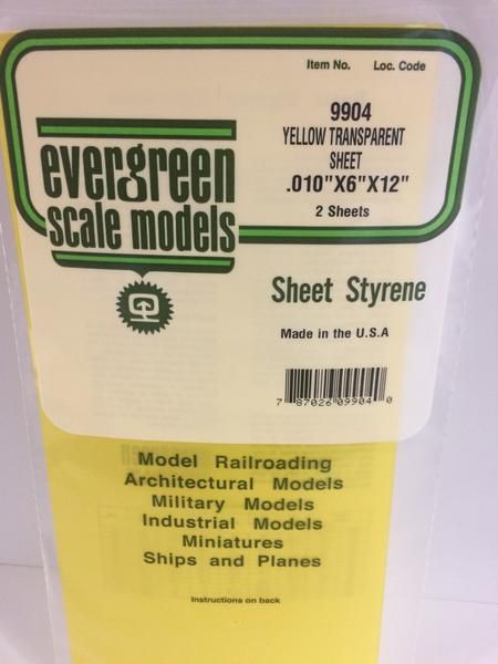 Evergreen 9904 Yellow Styrene Sheet 6 x 12 in, .010 in Thick (2 Pack)