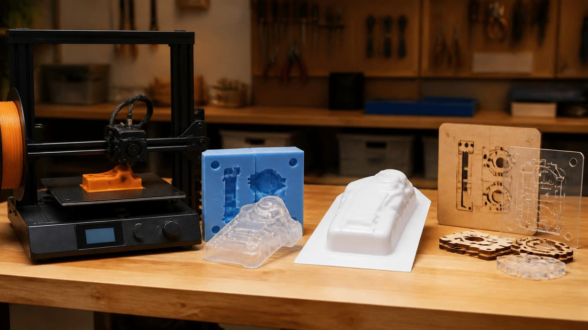 Workshop bench with a 3D printer, a silicone mould and clear resin casting, a vacuum-formed plastic shell, and laser-cut wood and acrylic parts
