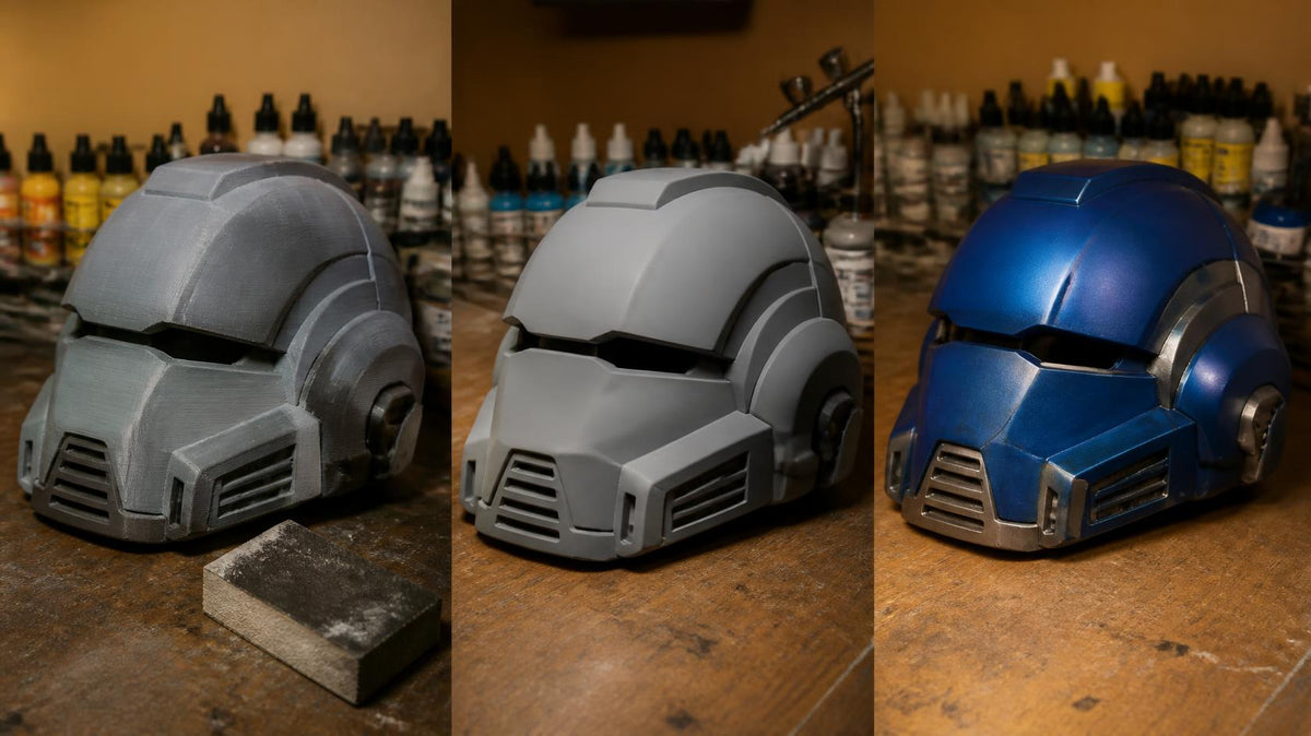 A 3D printed helmet shown raw with layer lines, then primed grey, then painted metallic blue