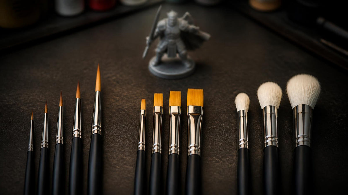 Sable, synthetic and goat-hair dry brushes in graduated sizes laid out on a hobby desk with an unpainted miniature behind