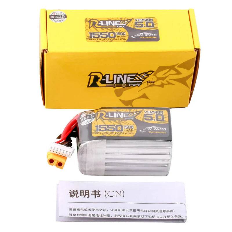 Tattu R-Line Version 5.0 1550mAh 22.2V150C6S1PLipo BatteryPack With XT60 Plug - Rising Sun FPV