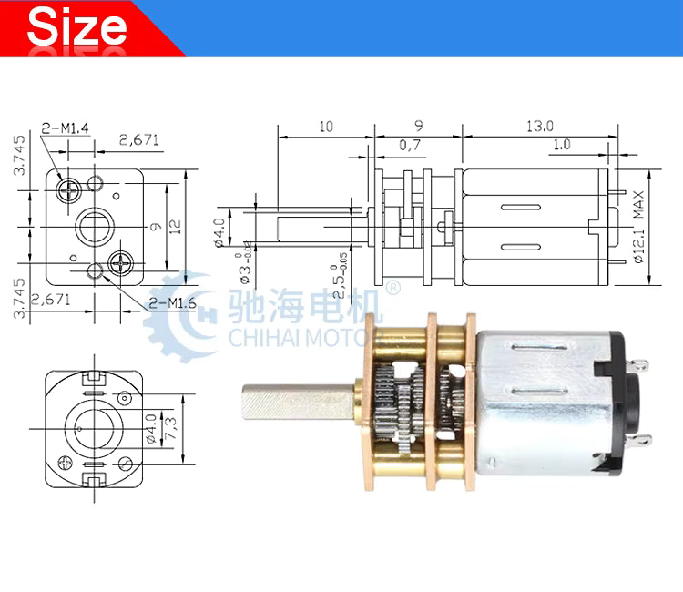 2x GM12-N10 Brushed 1.5V-6V 1000RPM TINY Gear Motor with 10mm D-shaft