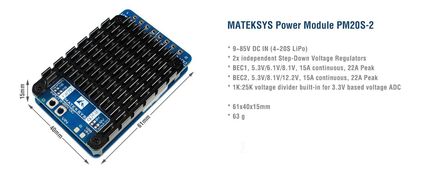 Matek PM20S-2 Power Module 3~20S Input W/ 2x BEC - Rising Sun FPV