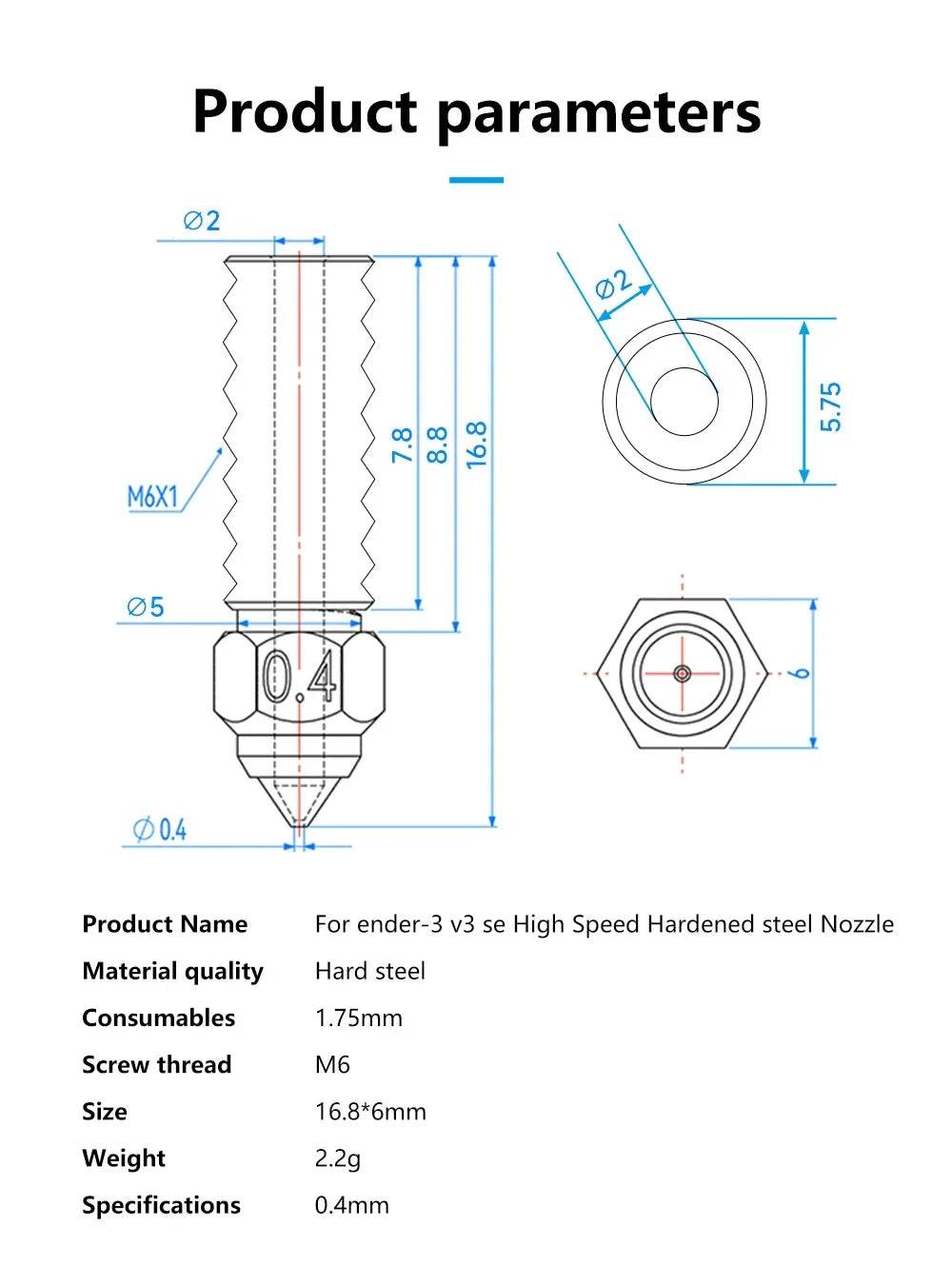 Ender 3 V3 SE M6 Hardened Steel Nozzle - Rising Sun FPV