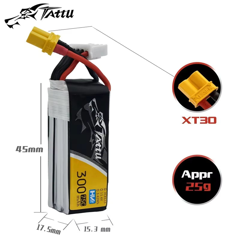 TATTU 11.4V/3S 300mAh 75C LiPo Battery with XT30 Plug