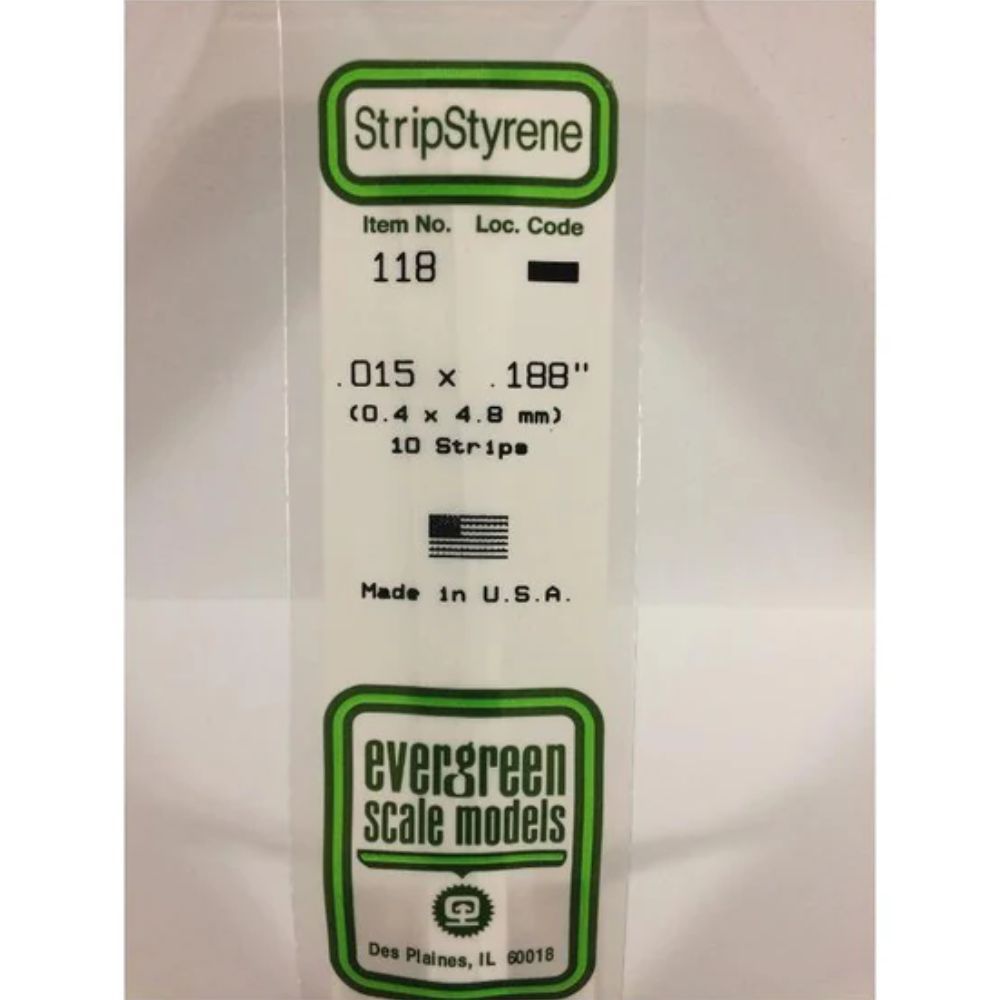 Evergreen 118 Styrene Strip .015 x .188 in (10 Pack)
