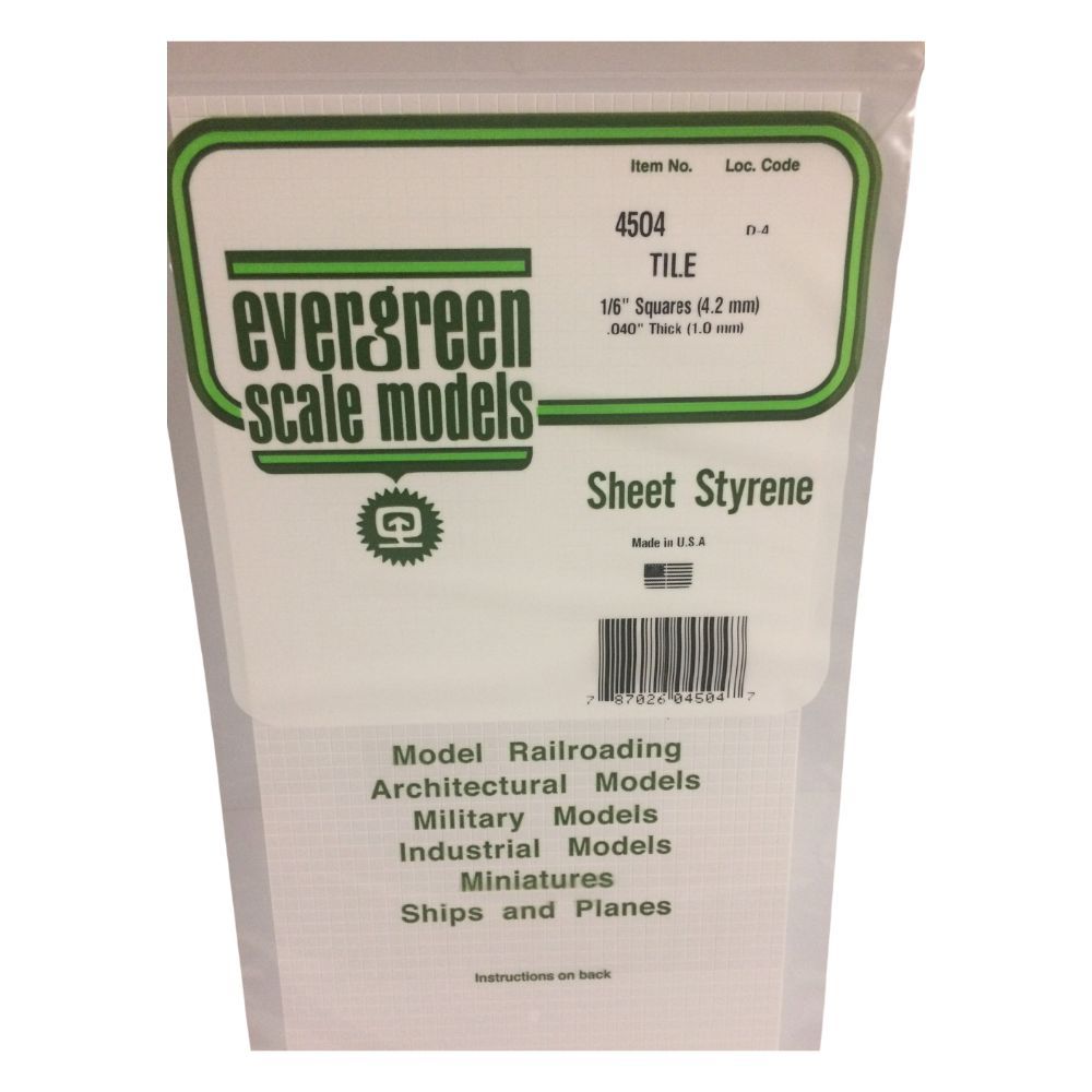 Evergreen 14504 Styrene Square Tile Sheet, 1/6 in Squares, 12 x 24 in