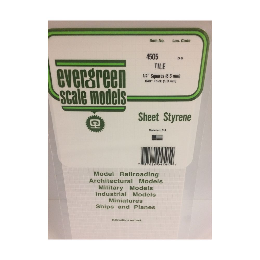 Evergreen 14505 Styrene Square Tile Sheet, 1/4 in Squares, 12 x 24 in