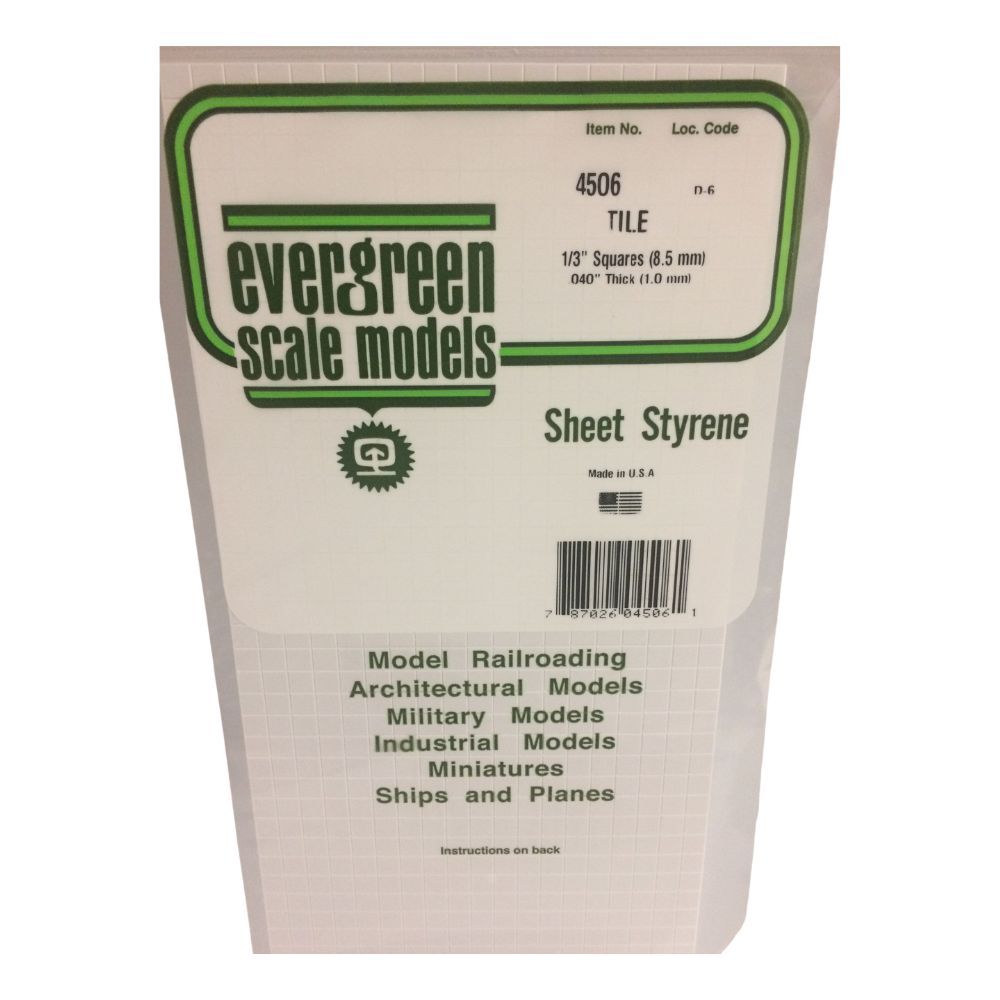 Evergreen 14506 Styrene Square Tile Sheet, 1/3 in Squares, 12 x 24 in