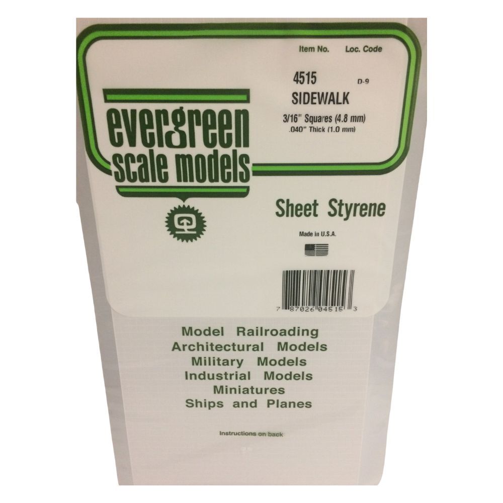Evergreen 14515 Styrene Sidewalk Sheet, 3/16 in Squares, 12 x 24 in