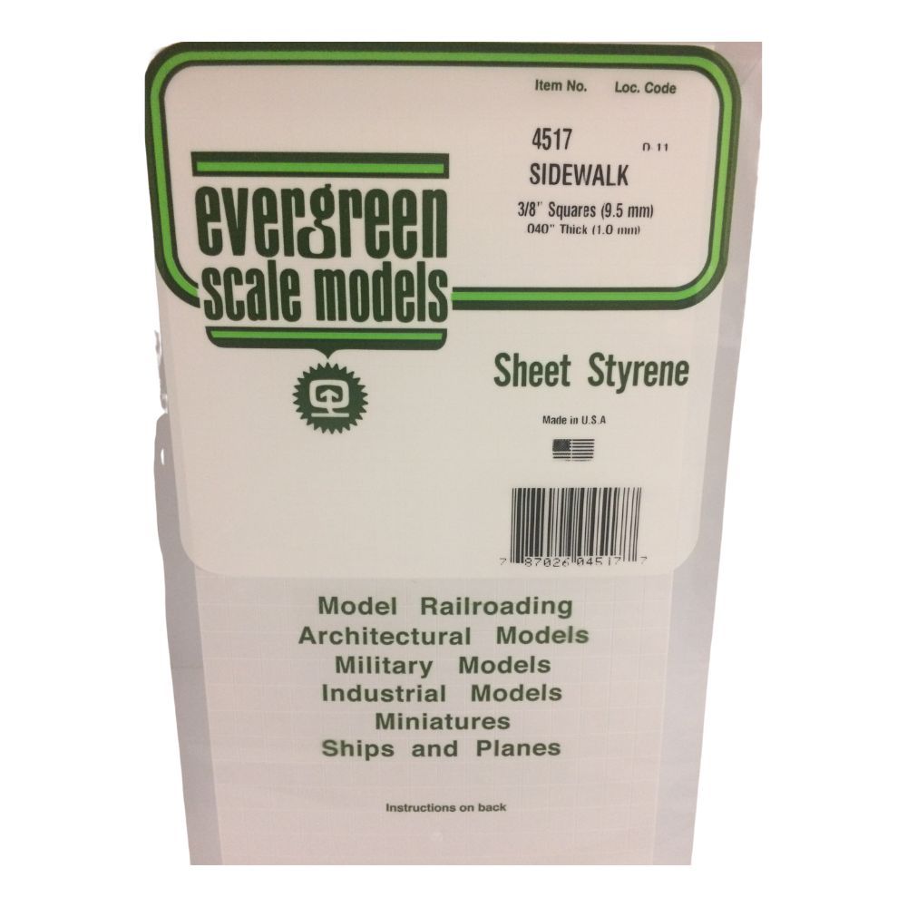 Evergreen 14517 Styrene Sidewalk Sheet, 3/8 in Squares, 12 x 24 in