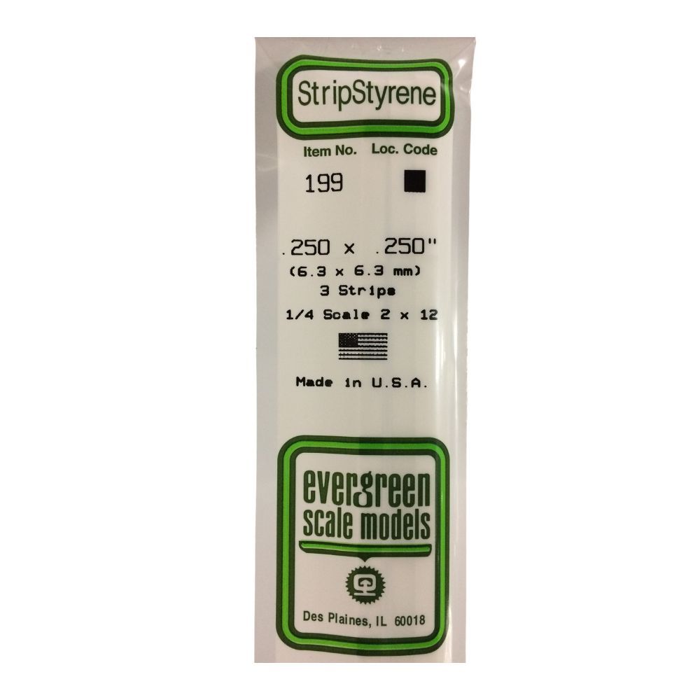 Evergreen 199 Styrene Strip .250 x .250 in (3 Pack)