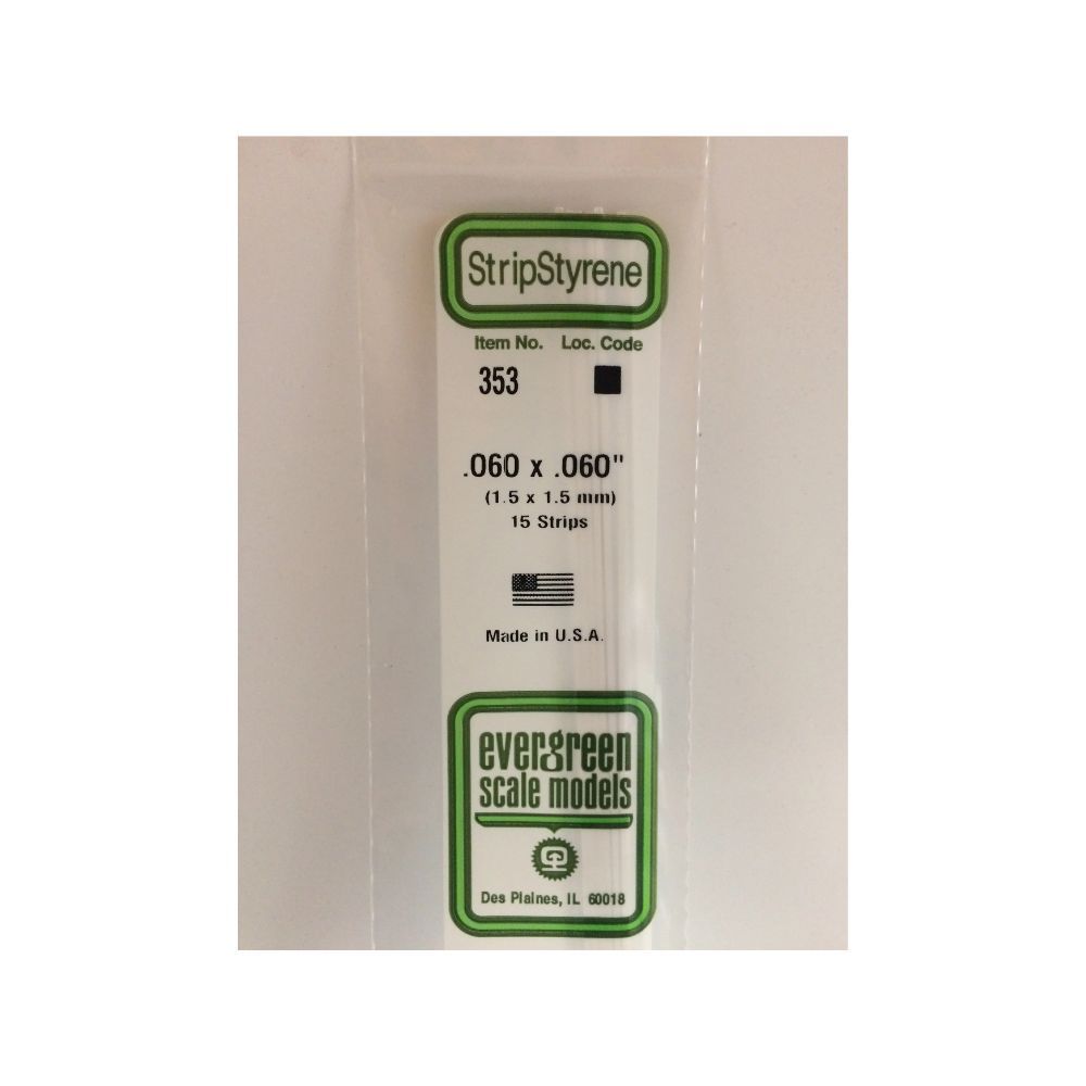 Evergreen 353 Styrene Strip .060 x .060 x 24 in (15 Pack)