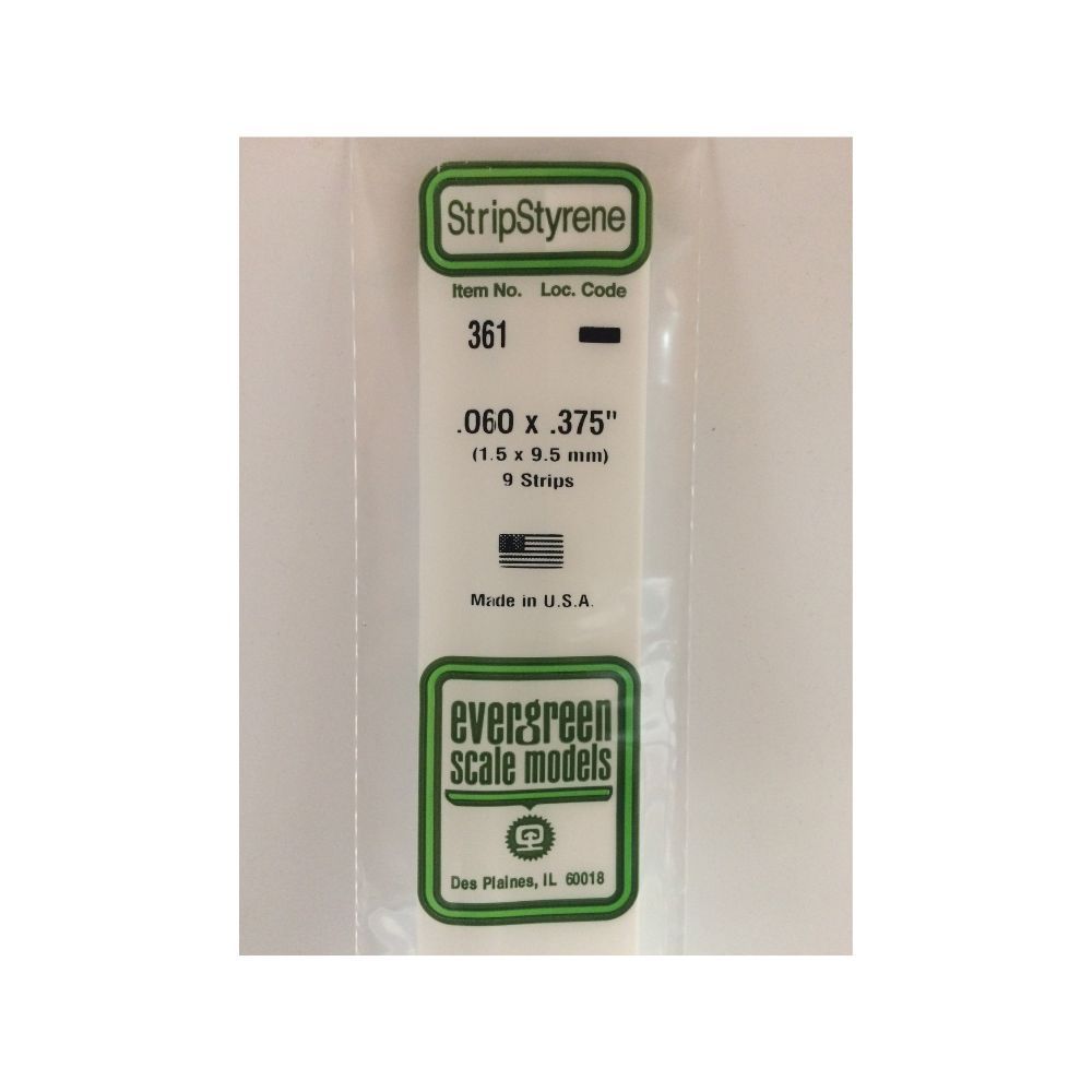 Evergreen 361 Styrene Strip .060 x .375 x 24 in (9 Pack)