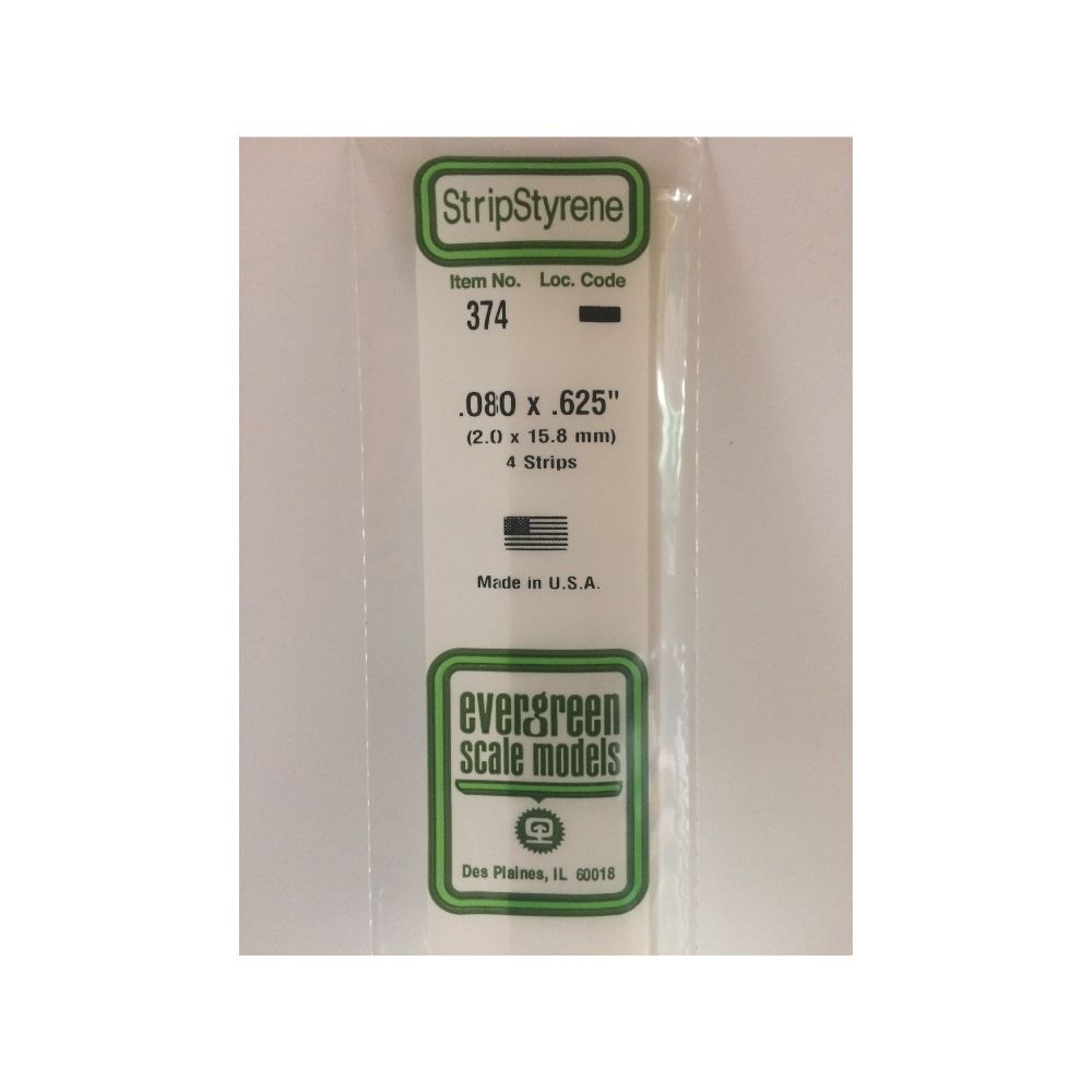 Evergreen 374 Styrene Strip .080 x .625 x 24 in (4 Pack)