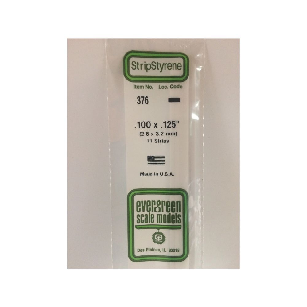 Evergreen 376 Styrene Strip .100 x .125 x 24 in (11 Pack)