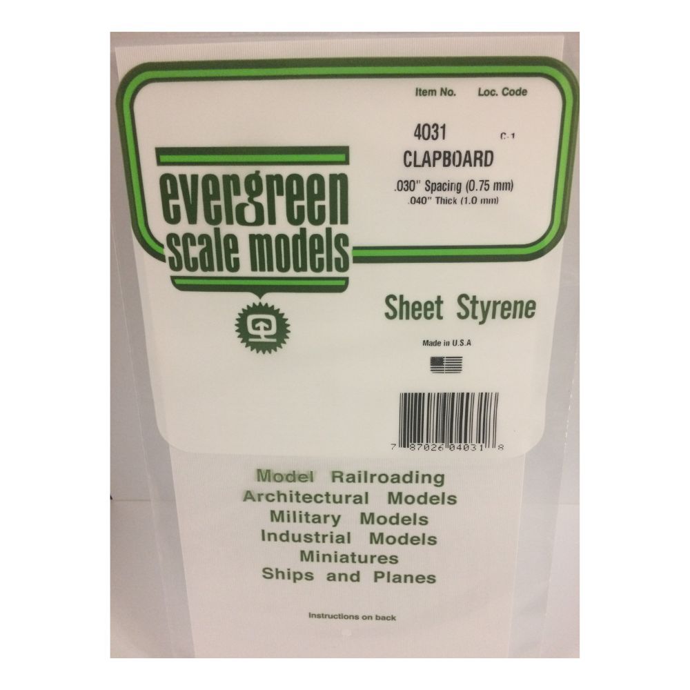 Evergreen 4031 Styrene Clapboard Siding, .030 in Spacing, 6 x 12 in