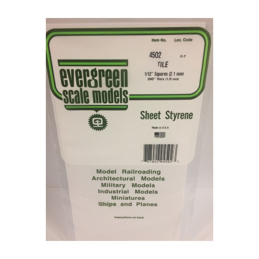 Evergreen 4502 Styrene Square Tile Sheet, 1/12 in Squares, 6 x 12 in