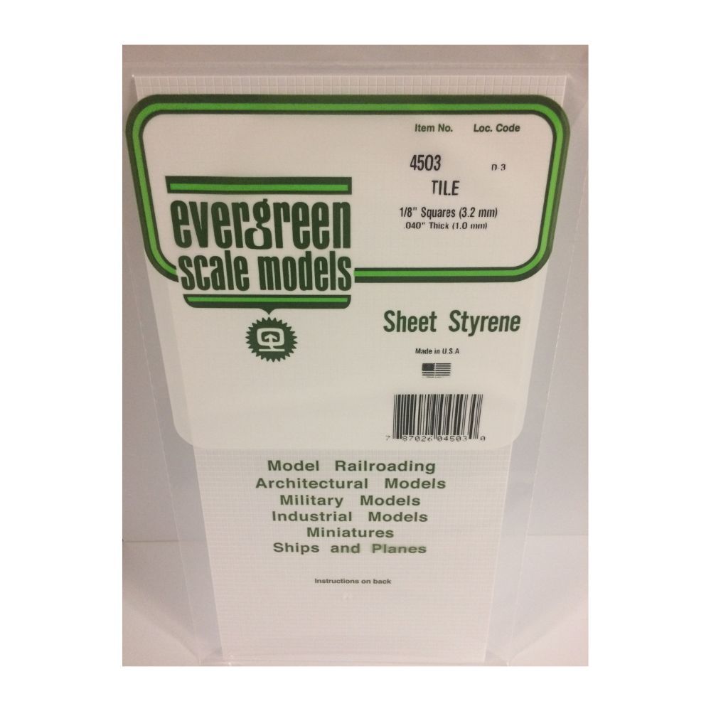 Evergreen 4503 Styrene Square Tile Sheet, 1/8 in Squares, 6 x 12 in