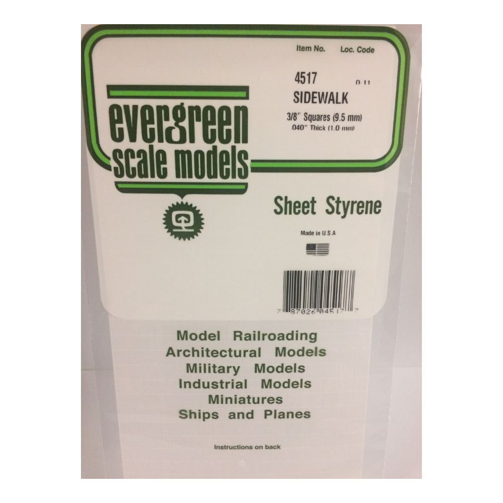 Evergreen 4517 Styrene Sidewalk Sheet, 3/8 in Squares, 6 x 12 in