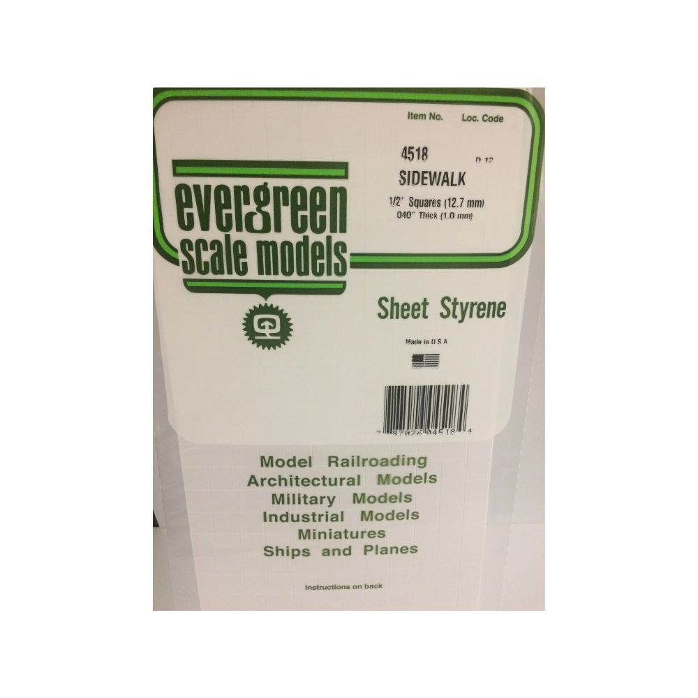 Evergreen 4518 Styrene Sidewalk Sheet, 1/2 in Squares, 6 x 12 in