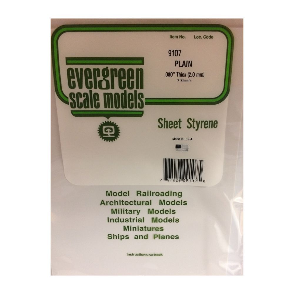 Evergreen 9107 White Styrene Sheet 8 x 21 in, .080 in Thick (2 Pack)