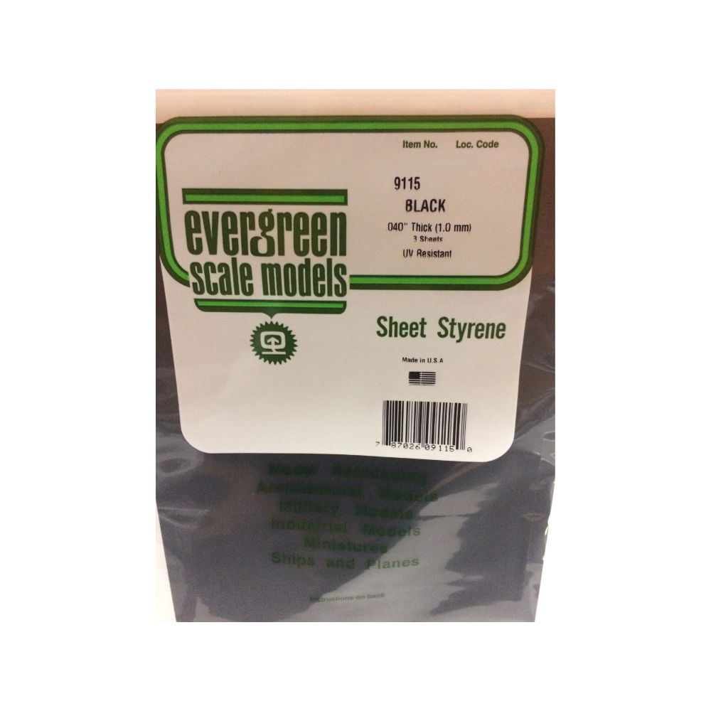 Evergreen 9115 Black Styrene Sheet 8 x 21 in, 1.0 mm Thick (3 Pack)