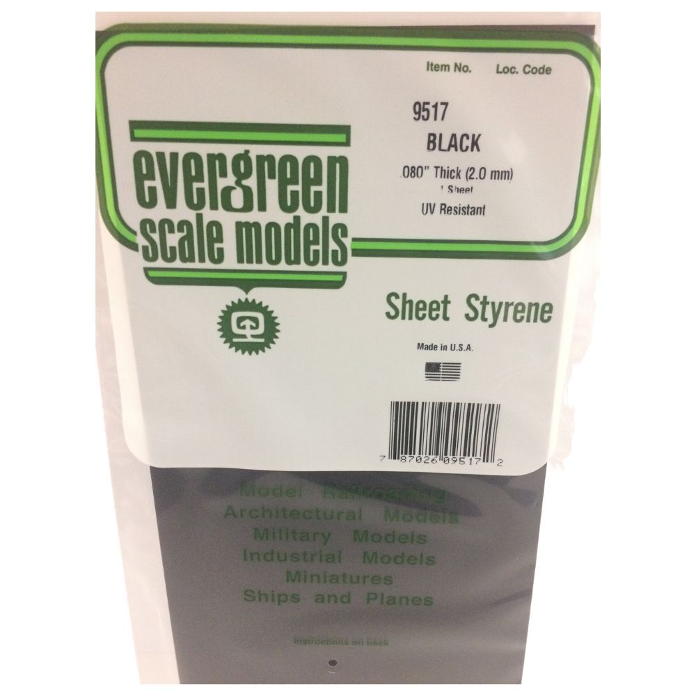 Evergreen 9117 Black Styrene Sheet 8 x 21 in, 2.0 mm Thick (2 Pack)