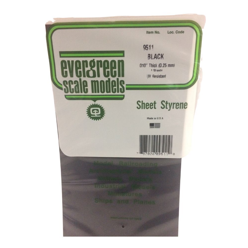 Evergreen 9511 Black Styrene Sheet 6 x 12 in, 0.25 mm Thick (4 Pack)