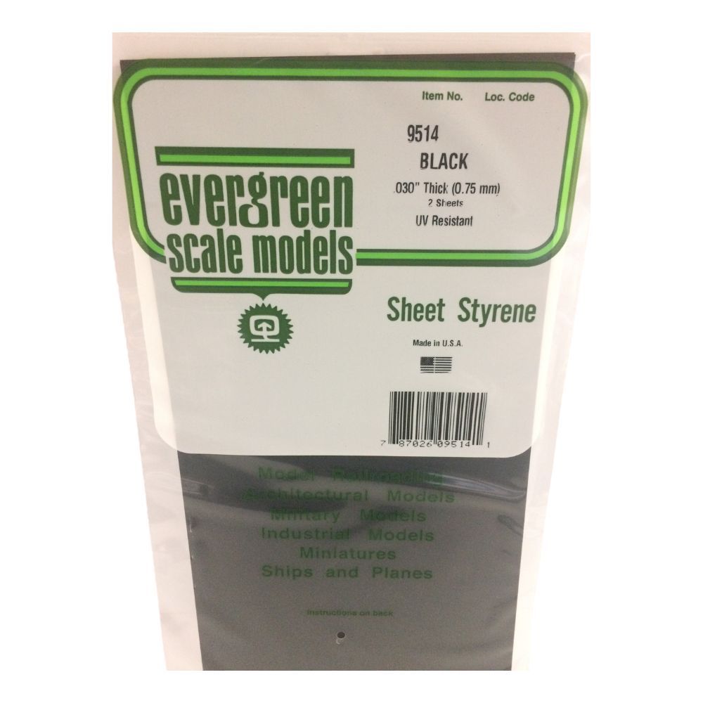 Evergreen 9514 Black Styrene Sheet 6 x 12 in, 0.75 mm Thick (2 Pack)