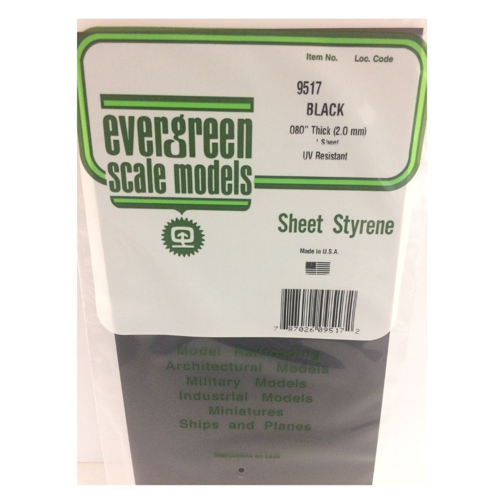 Evergreen 9517 Black Styrene Sheet 6 x 12 in, 2.0 mm Thick