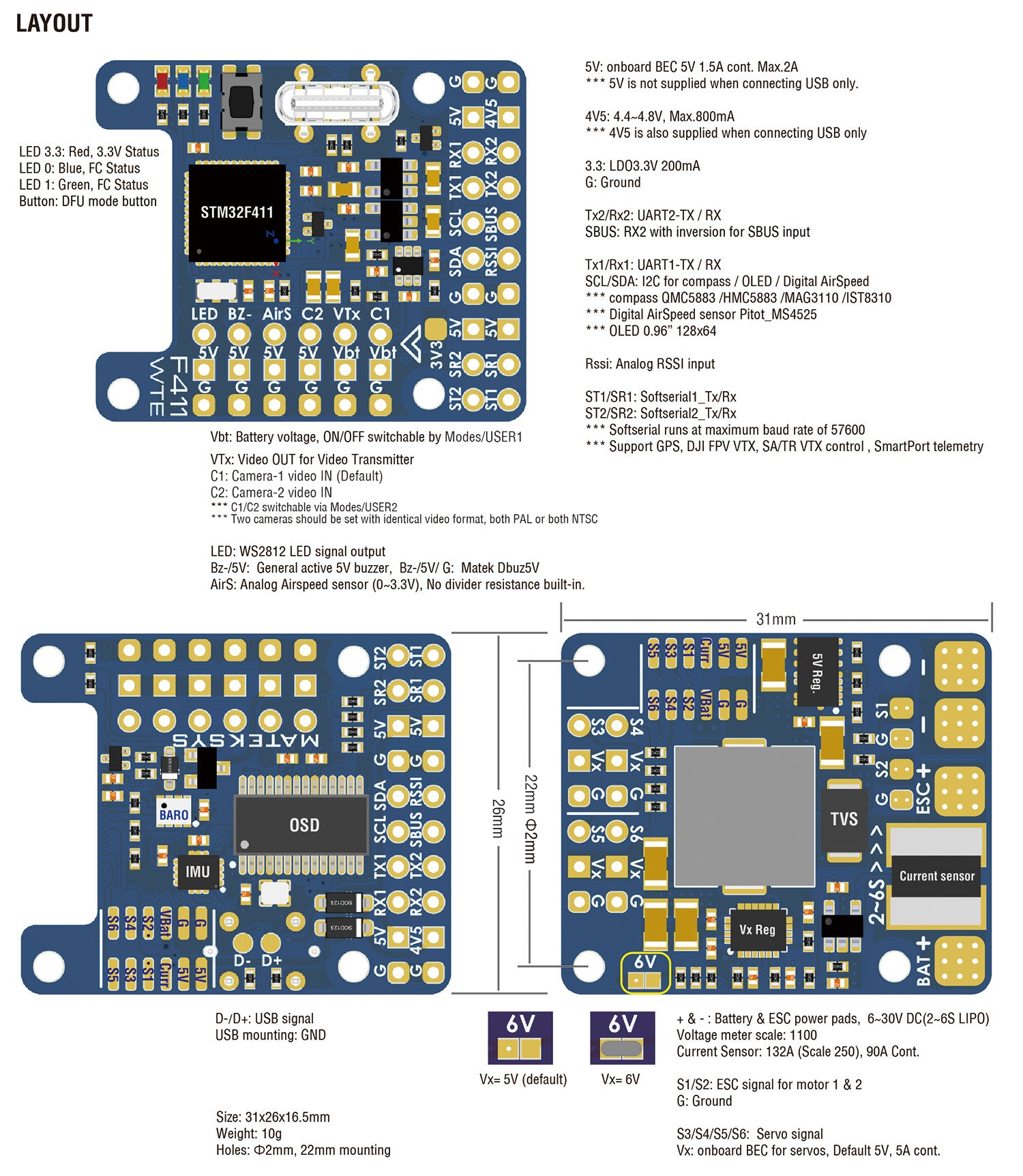 MatekSYS FLIGHT CONTROLLER F411-WTE