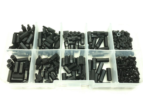 300pcs M2 Nylon Black Hex Screw Nut Spacer Stand-off Varied Length Assortment Kit Box